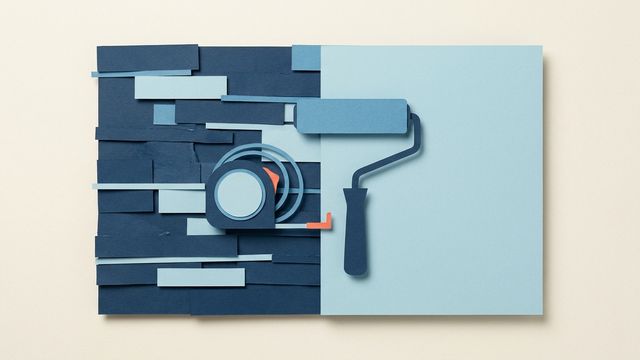 Пластилиновая пустая комната без мебели, на полу рулетка, тёплый акцент кораллового