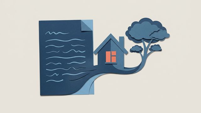 Бумажный лист с волнистыми строками, из которого вырастает домик с деревом и коралловым окном