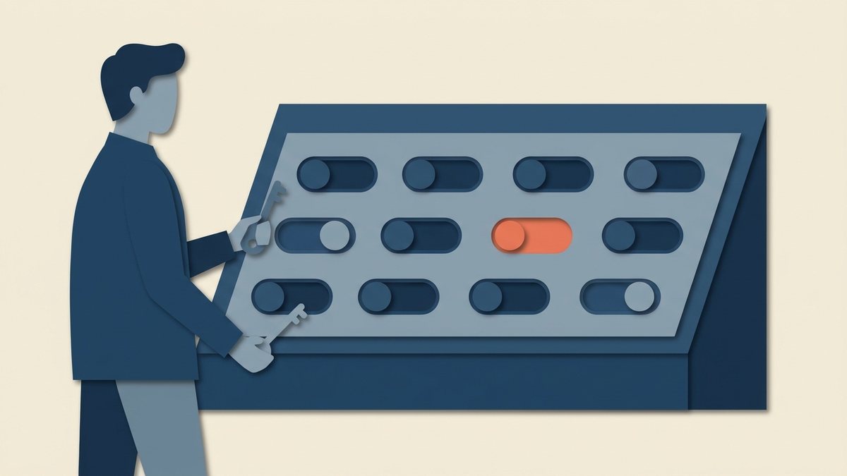 Пластилиновая фигура с ключом в руке стоит перед панелью с тумблерами без подписей, один тумблер коралловый