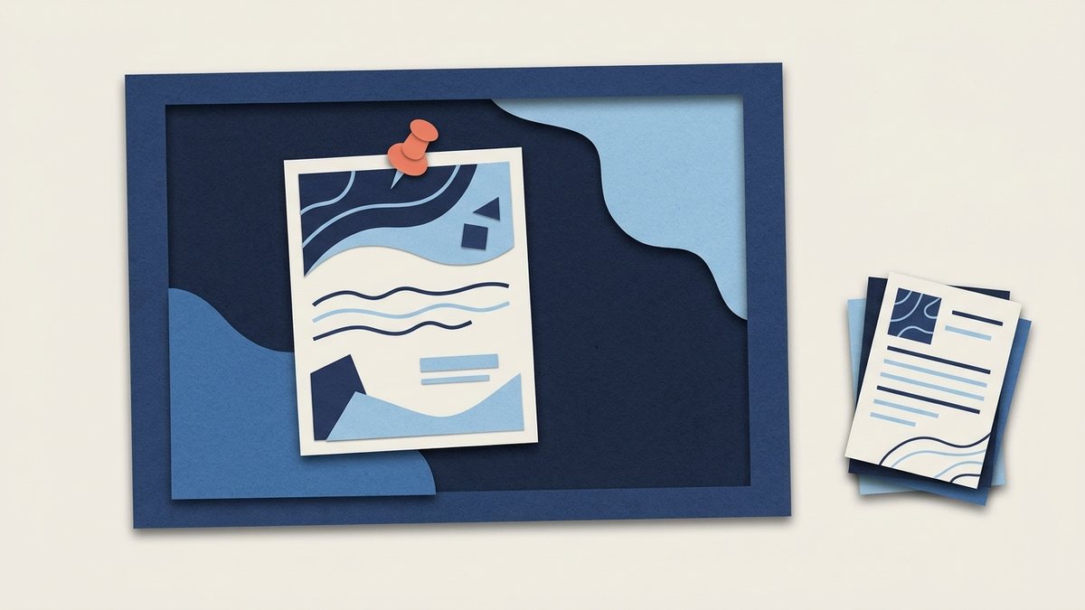 Бумажная доска объявлений с приколотым листом вакансии и коралловой кнопкой, рядом стопка резюме